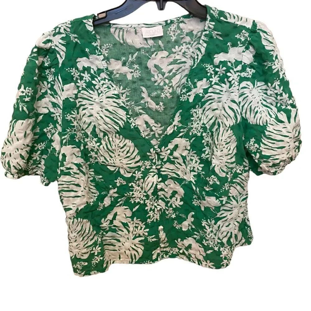 Abound Green Floral Crop Top Blouse Smocked Sz XL